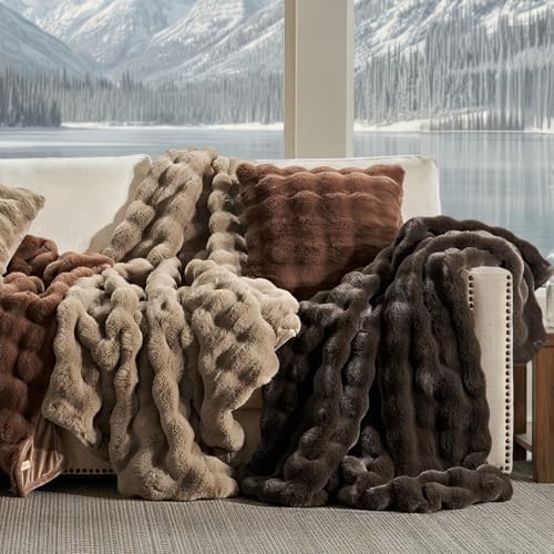 EverGrace Faux Rabbit Fur Bubble Throw Blanket, 50"x60", Greige - Image 7
