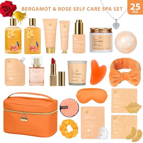 25 Pcs Mother's Day Gift, Bergamot & Rose Bath & Body Gift Set for Women, Hydrating Skin Care Kit, Pamper Self Care Gifts, Leather Bag, Necklace, Christmas, Birthday, Anniversary, Mom - Image 2