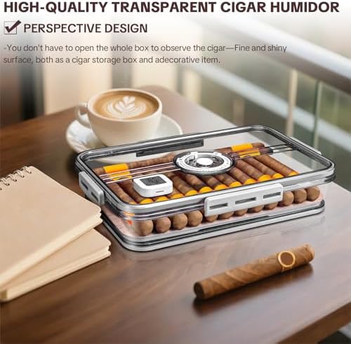 Cigar Humidor, Transparent Humidor Box with Humidifier and Hygrometer, Desktop Cigar Humidor Box with Cedar Wood Chips, Cigar Case, Cigar Gifts for Men (small hold 25-30 cigars) - Image 2