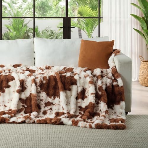 Lotus Karen Faux Fur Throw Blanket Cow Print-Light Brown, Fluffy Fuzzy Plush Bubble Blanket for Couch, 108x90 Inches Cozy Shaggy Rabbit Blanket, Luxury Decorative Gifts for Sofa Bedroom Living Room. - Image 2