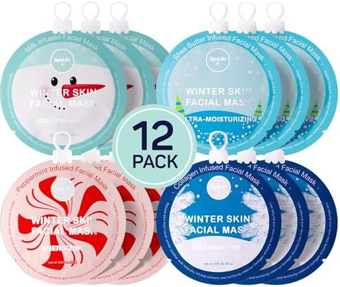 SpaLife Beauty Winter Skin Christmas Face Mask Bundle | Korean Facial Masks | Hydrating, Moisturizing and Firming Sheet Mask Set | Christmas Ideas for Women | 12 Pack by SpaLife