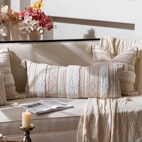 BlissBlush 14x36 Lumbar Pillow Cover for Bed, Rectangular Long Decorative Throw Pillowcase, Boho Accent Cushion with Tufted Pattern and Tassels, Cream Beige Neutral (Cover Only) - Image 3