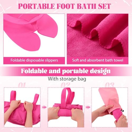 FillTouch 6 Sets Foldable Foot Bath Kit 15L Collapsible Foot Soaking Tub Bathroom Towels Women Adult Foldable Slippers with Storage Bag Spa Soak Pedicure Bath for Travel Camping(Rose Red) - Image 4