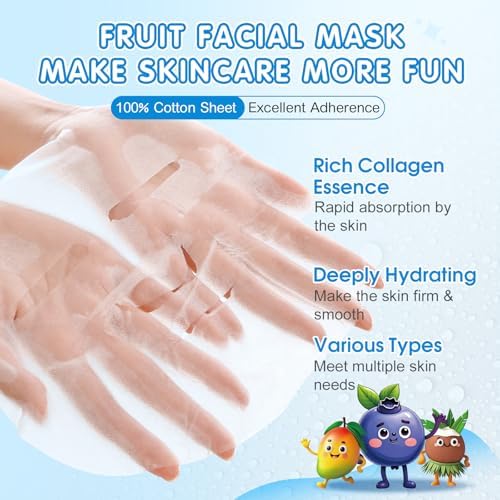 KONEUK 24 Pack Fruit Kids Face Mask, Collagen Hydrating Face Masks Skincare - Image 2