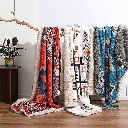 Luxury Plush Faux Fur Throw Blanket with Aztec Pattern, Super Warm, Fuzzy, Elegant, Fluffy Decoration Blanket for Couch, Armchair, Sofa and Bed, 60''x 80'', Red - Image 7