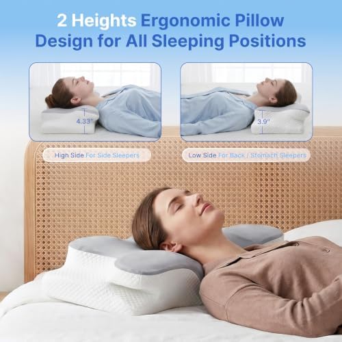 Cervical Pillow for Neck Pain Relief, Orthopedic Memory Foam Pillow with Cooling Cover, Contour Ergonomic Support for Side Back Stomach Sleepers (Grey) - Image 2