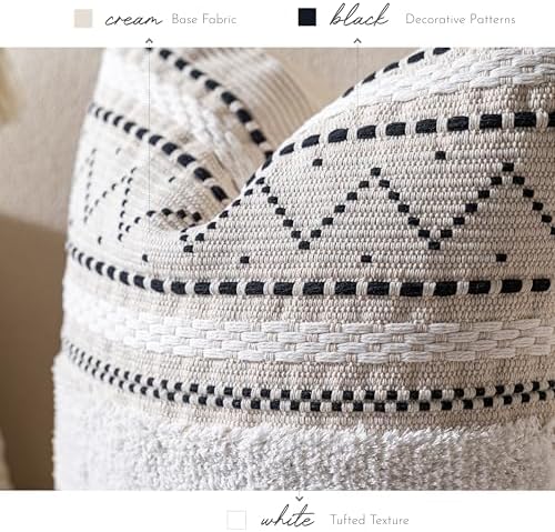 BlissBlush Decorative Throw Pillow Covers 18x18 Combo Set of 2 Square Boho Black Neutral Accent Pillowcase Tassels Farmhouse Cushion for Couch Sofa Bedroom Living Room Home Décor Cover ONLY - Image 4