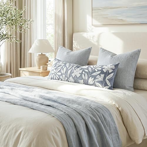 BlissBlush Long Lumbar Pillow Cover 14x36 for Bed, Coastal Dusty Blue Floral Tufted Velvet Accent Oversize Throw Pillowcase for Bedroom, Cover Only - Image 3