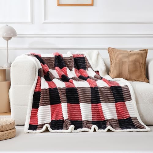 PU MEI Sherpa Blanket Twin Plaid Thick Bed Blanket, 60”*80” Super Soft Flannel Fuzzy Fleece Reversible Velvet Plush Warm Blanket for Couch (Black Red Check) - Image 2