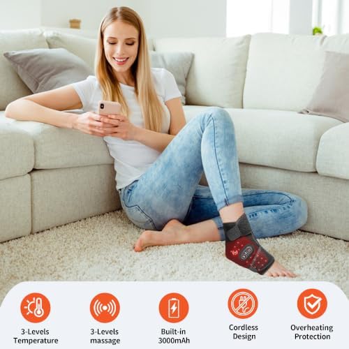 Cordless Ankle Massager for Pain Relief, Red Light Ankle Heating Pad with Massage, Foot Heating Pad with Adjustable Vibration and Heat Settings - Image 4