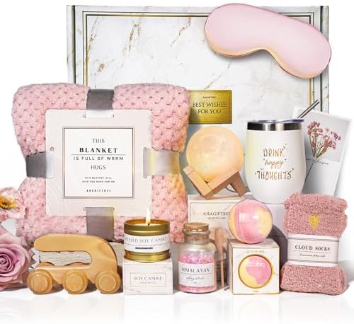 AHAGIFTREE Birthday Gifts,self Care,11PC Care Package with Moon Lamp,Get Well Soon Gift Baskets for Women After Surgery,Condolences Gift Basket for Loss,Sympathy Baskets for Friend,mom (Pink) by Unknown