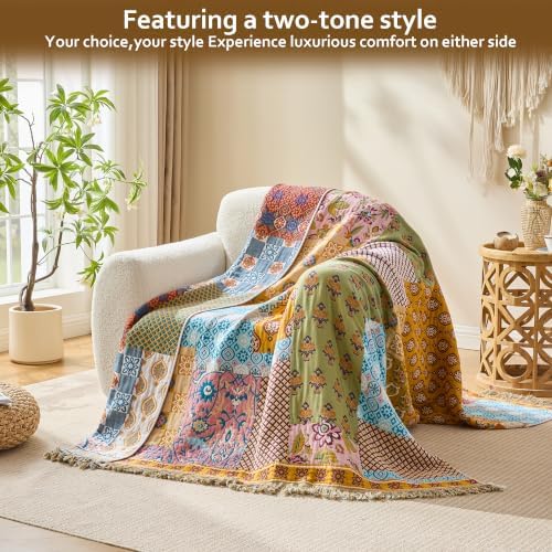 VANJOROY King Boho Throw Blanket, 100% Organic Cotton Breathable Skin-Friendly Ultra Soft 91" x 98" Bed Quilt Patchwork Throw - Floral Rustic Luxury Reversible Blanket for Sofa Couch Chair and Gift - Image 3