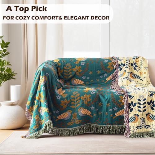 VANJOROY Boho Throw Blanket, 100% Organic Cotton Breathable Ultra Soft 50" x 60" Bed Quilt Throw - Floral Rustic Bird Farmhouse Decor Luxury Reversible Blanket for Sofa Couch Chair and Gift,Teal/Beige - Image 2