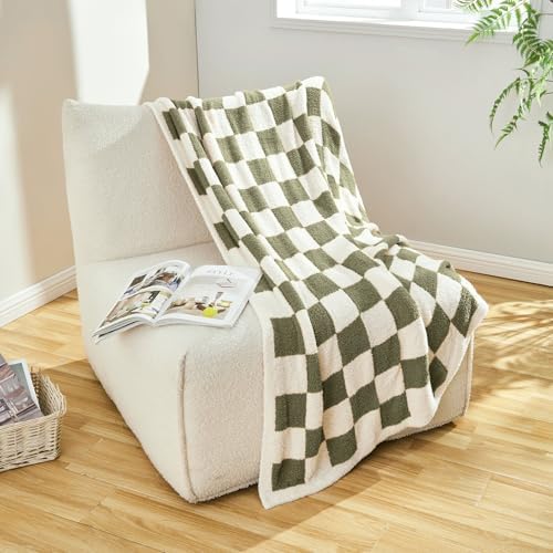 CozeCube Olive Green White Reversible Checkered Knit Throw Blanket 50"x60" - Image 4