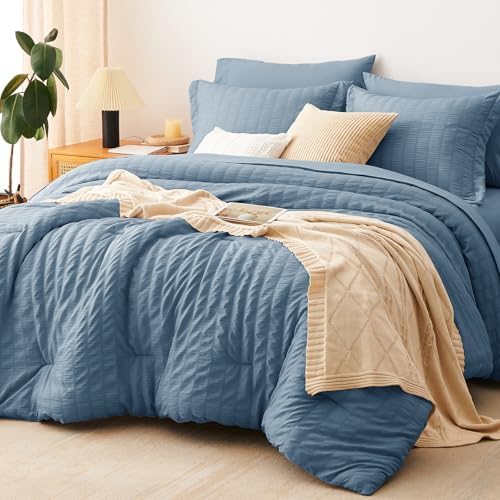 CozyLux Oversized King Comforter Set 120x98 7-Piece Grayish Blue Seersucker by CozyLux