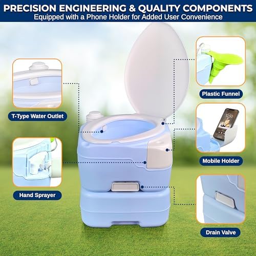 SereneLife 4 Gal Portable Camping Toilet For Adults, 100+ Flushes, Porta Potty Camp Toilet with Phone Holder, Hand Sprayer, Plastic Funnel for Camping, Hiking, and Boating - Image 5