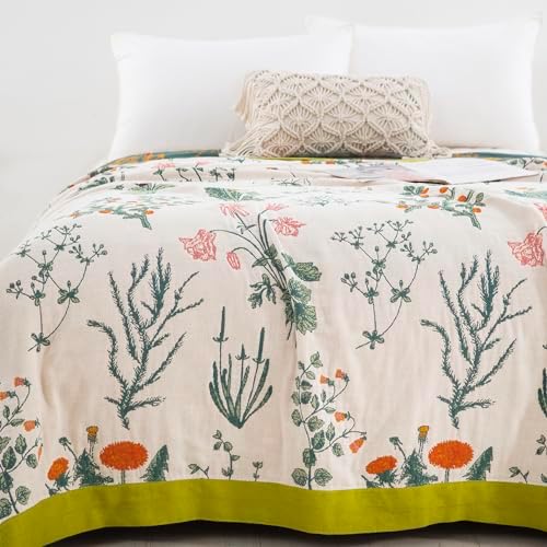 100% Muslin Cotton Throw Blanket for Bed Couch Chair, Botanical Plant Floral Printed Quilt Ultra Soft Reversible Gauze Blanket for All Season, 90"x98" - Image 2