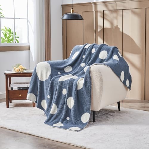CozeCube Reversible Knitted Throw Blanket,Dusty Blue White Polka Dot60 x80 - Image 2