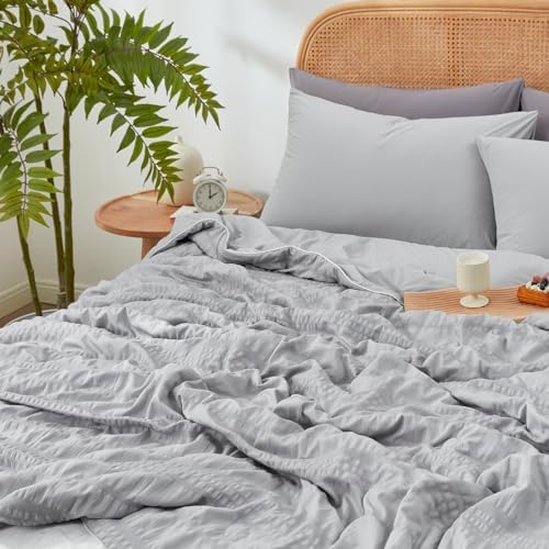 Cozy Bliss Seersucker Cooling Comforter Queen Size, Q-Max 0.45 Reversible Lightweight Cooling Blanket, Breathable Silk Smooth Summer Bedding Quilt for Hot Sleepers Night Sweats Light Grey - Image 5