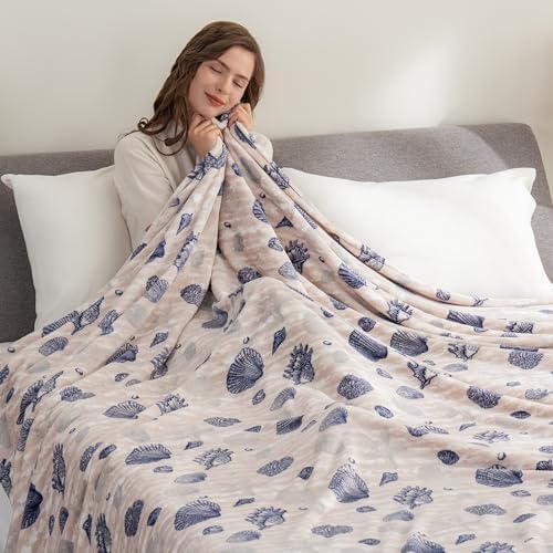 Berkshire Blanket-Classic Heavyweight Soft Printed VelvetLoft® Plush Blanket, Full/Queen Size Soft Fuzzy Warm Blanket for Couch Sofa Bed, Classic Shells Navy, 90in x 90in - Image 3