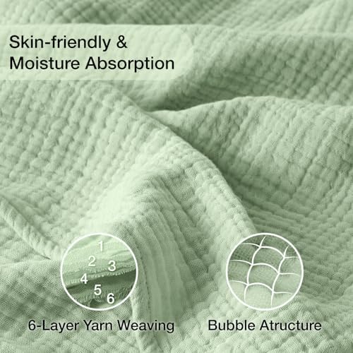 100% Cotton Muslin Blanket King 108" x 90", 6 Layers Breathable and Lightweight Cotton Throw Blanket for Bed, Soft Quilt Bedspread Coverlet, Gauze Blanket for Adults All Season, Sage Green - Image 6