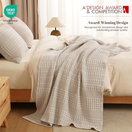 PHF Lightweight 100% Cotton Waffle Throw Blanket for Couch, Light Taupe - Image 4