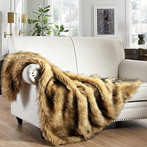 Luxury Plush Faux Fur Throw Blanket, Long Pile Golden Yellow with Black Tipped Blanket, Super Warm, Fuzzy, Elegant, Fluffy Decoration Blanket Scarf for Sofa, Armchair, Couch and Bed, 50''x 60'' by HORIMOTEHOME