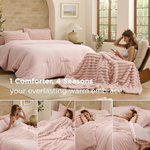 Bedsure Gentlesoft™ 2-in-1 Queen Comforter Set and Detachable Fluffy Blanket, Pink Bedding Set for All Season Use, Detachable Design for Space Saving (Includes 2 Pillow Shams, 2 Pillowcases) - Image 2