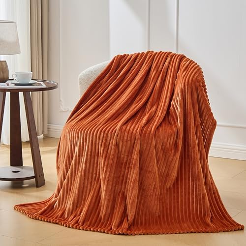 Bnuitland Burnt Orange Fleece Throw Blanket for Couch, 300GSM Soft Warm Cozy Fluffy Throw for Adults & Kids, Stripe Pattern 50"x70", All Season Sofa Bed Blanket for Home Decor - Image 3