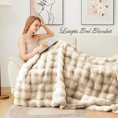 Latepis Soft Luxury Faux Fur Bubble Blanket, Thick Warm Cozy Throw Blanket for Couch, Plush Fluffy Blanket for Sofa and Bedroom Women Gift, 50” x 60”, Tie-dye Camel, 860GSM - Image 3