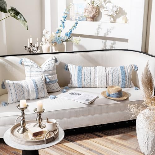 BlissBlush 18X18 Throw Pillow Cover, Coastal Blue Square Decorative Cushion Cover, Boho Accent Pillowcase with Tassels for Couch Sofa Living Room (Cover Only) - Image 6