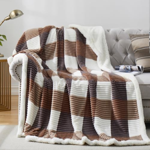 PU MEI Sherpa Blanket Twin Plaid Thick Bed Blanket, 60”*80” Super Soft Flannel Fuzzy Fleece Reversible Velvet Plush Warm Blanket for Couch (Beige Check, 60"*80") by HOME