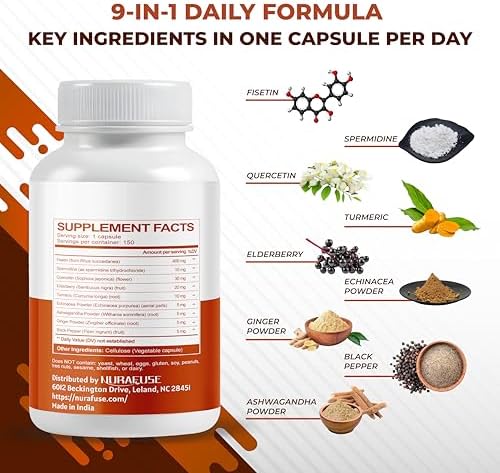Fisetin Supplement, 9 Botanical Ingredients with Spermidine, Quercetin, Antioxidant, Cognitive Function & Healthy Aging Support*, 150 Capsules, Non-GMO, Gluten Free - Image 3
