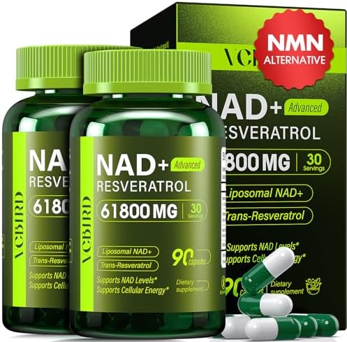 Nad Resveratrol Supplement 1200mg Per Serving – Liposomal Nad+ Resveratrol for Women & Men – High Purity 1200mg Nad+ Supplement for Energy & Healthy Aging, Resveratrol, Quercetin, 90 Counts, 2Pack by VCBIRD