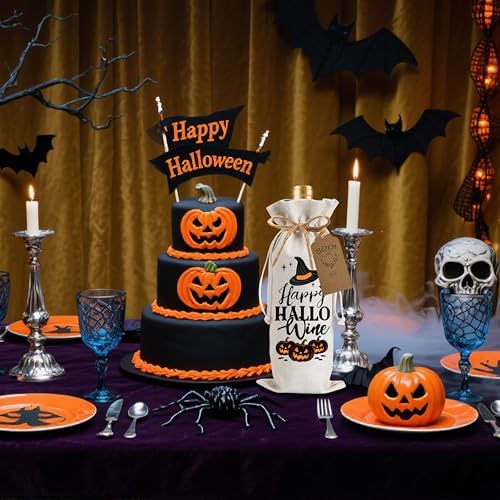 1Pcs Happy Hallo Gifts Wine Bag,Halloween Wine Bag Happy Hallo wine Halloween Gifts Party Decorations for Women Men with 1Pcs Kraft Blessing Cards and natural jute rope - Image 5