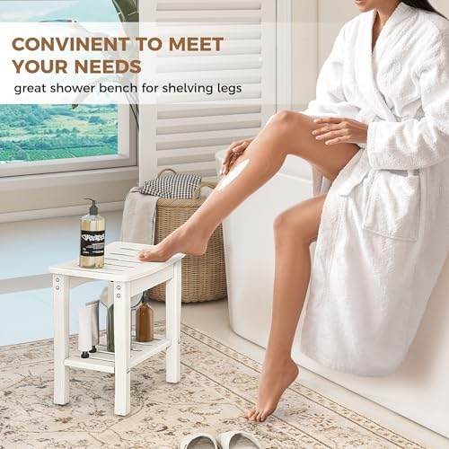 FLYJOE Shower Bench for Shaving Legs, Waterproof HDPE Chair Seat With Storage Shelf and Handles, Spa Stool for Bath Tub Bathroom Indoor Outdoor Use, White - Image 4