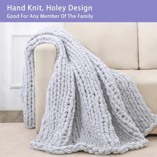 Bigacogo Chunky Knit Throw Blanket for Couch, 40x80 inches, Light Grey - Image 4