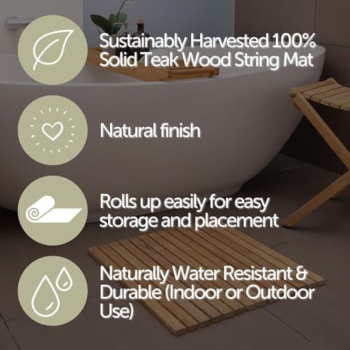 Nordic Teak 100% Solid Teak Wood String Mat - Indoor and Outdoor Use - Non-Slip Wooden Platform for Sauna, Pool, Hot Tub Flooring Decor and Protector (Natural Finish, 19.6" x 19.6") - Image 4