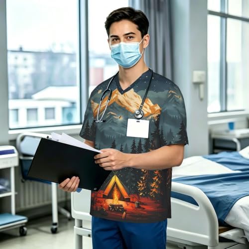 Men's Scrub Top,V-Neck Spill Wrinkle Resistant,3 Pockets-Camping (3) - Image 3
