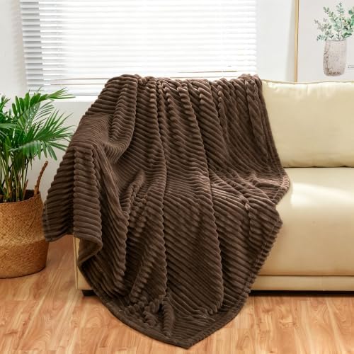Bnuitland Brown Flannel Throw (50X71 inches),300GSM Super Soft Fleece Stripe Pattern Sofa Blanket, Lightweight Cozy Bed Throw for Home Decor All Season by BNUITLAND