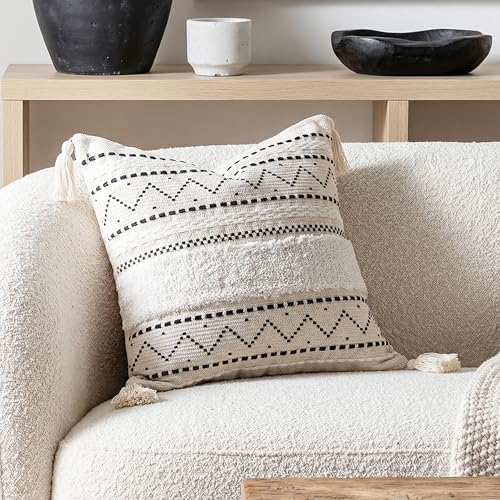 BlissBlush 20X20 Throw Pillow Cover, Cream Neutral Square Decorative Cushion Cover with Black Pattern, Boho Accent Pillowcase with Tufted Details and Tassels for Couch Sofa Living Room (Cover Only) by BlissBlush