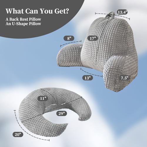 19" Reading Pillow for Bed,U Shaped Arm & Elbow Support,Gray Corduroy - Image 3