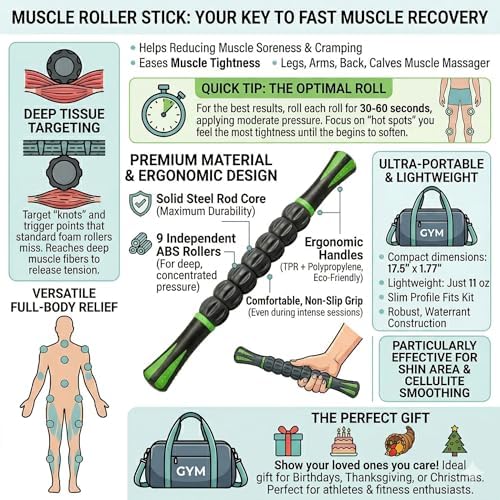 Kunova (TM) Muscle Roller Stick - Massage Tool for Releasing Myofascial Trigger Points, Reducing Muscle Soreness, Soothing Cramps and Relieving Muscle Pain - Image 2