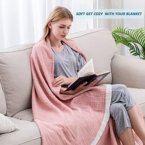 SE SOFTEXLY Muslin Throw Blanket, 4-Layer Dyed Yarn, 80”x90”, Coral Pink - Image 4