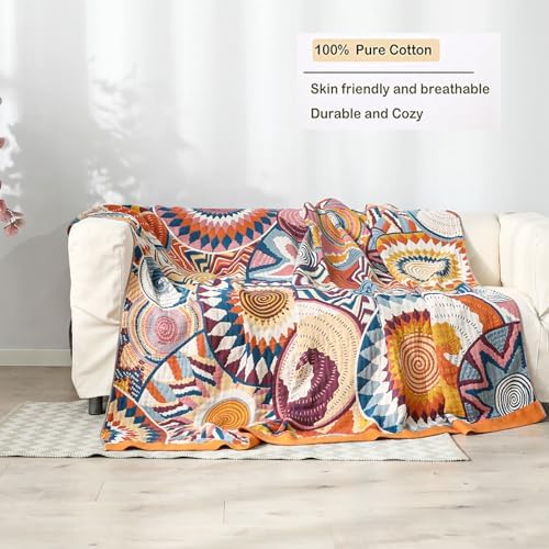 VANJOROY Boho Throw Blanket, 100% Organic Muslin Cotton Skin-friendly Breathable Ultra Soft Bed Quilt Throw - All Season Bohemian Decor Luxury Colorful Blanket for Sofa Couch Chair and Gift. 91" x 98" - Image 3