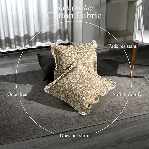 CPC Block Print Ruffle Throw Cover Mustard Regal 18"x18" Inch Pack of 2-100% Cotton Ruffle Couch Decorative Boho Pillows Case for Living Room, Bedroom, Sofa, Farmhouse Gift for Spring, Mother's Day - Image 3