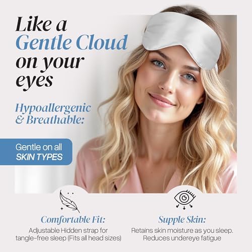 Adjustable Silk Sleep Mask Eye Covers | 100% Pure 6A Mulberry Silk | Blackout & Hypoallergenic | Concealed Strap for Women & Men | for Sleeping & Travel (Ivory White) - Image 4