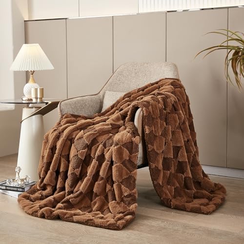 PU MEI Luxury Faux Fur Rabbit Fur Throw Blanket Brown 60"*80",Soft Plush Reversible Sherpa Blankets,Twin Fuzzy Elegant Blanket Thick Throws for Bed,Comfy Bedding Accent Blankets for Sofa Couch Chair - Image 2