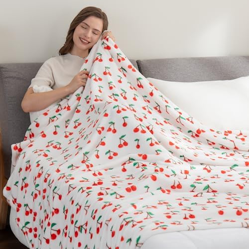 Berkshire Blanket-Classic Heavyweight Soft Printed VelvetLoft® Plush Warm Blanket, Twin Size Soft Fuzzy Blanket for Couch Sofa Bed, Cherries Toss White, 60in x 90in - Image 3