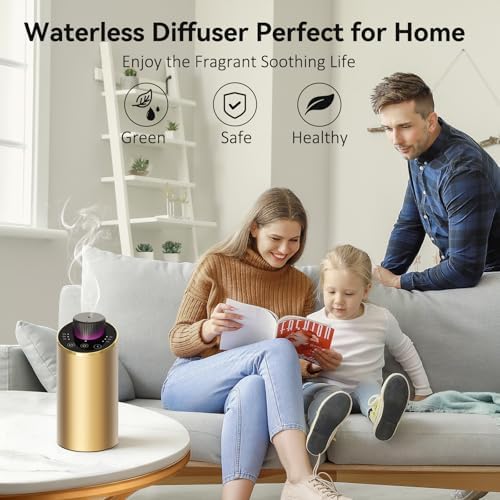 Waterless Essential Oil Diffuser Aromatherapy Scent Diffusers for Home Large Room, Bedroom, Car, Office, Desk, Battery Operated Mini Portable Air Freshener, 3 Countdown Timers & 3 Mist Levels, Gold - Image 3